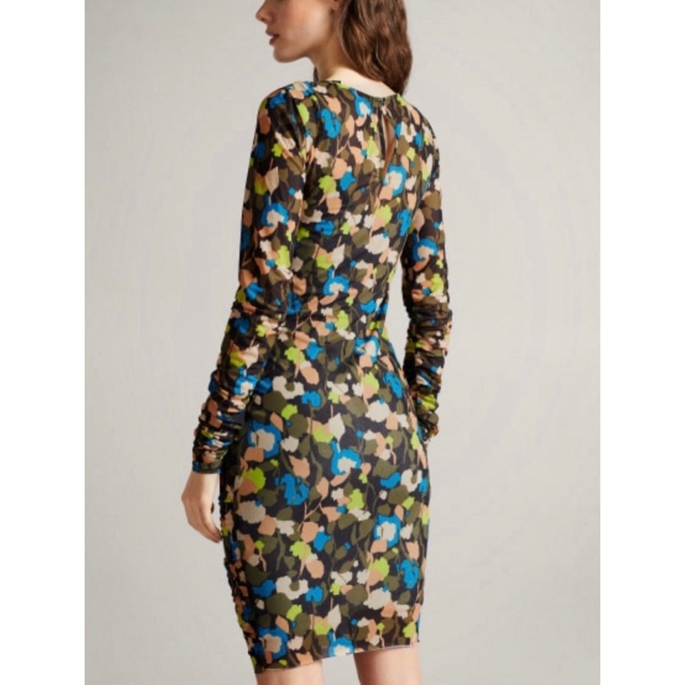 TED BAKER Ttinna Ruched Dress Women Medium Floral Mesh Long Sleeve Bodycon - Picture 3 of 16